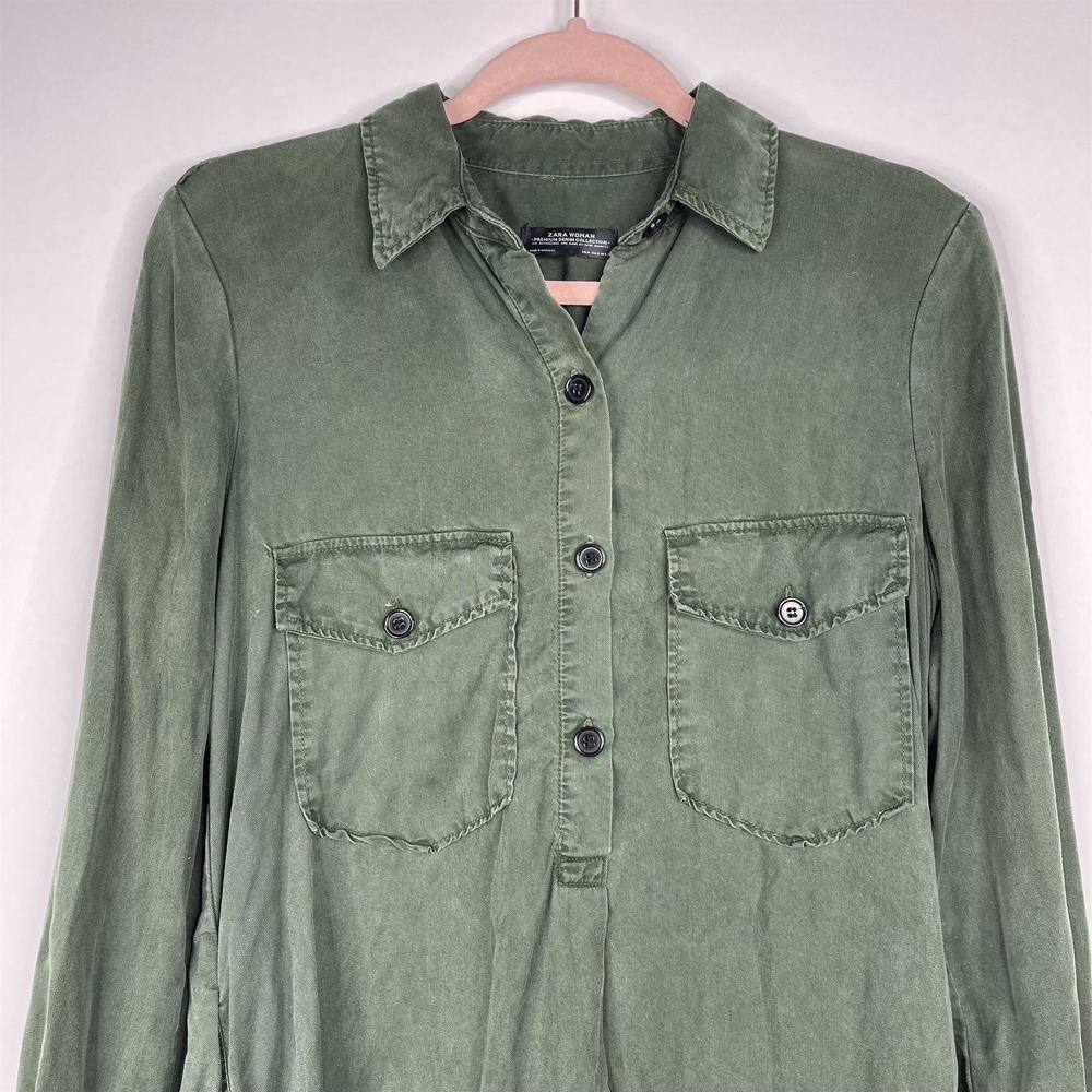 2/$30 ZARA Henley Shirt Dress Medium Green Long Sleeve Side Slit Pockets #7235 - Picture 5 of 16